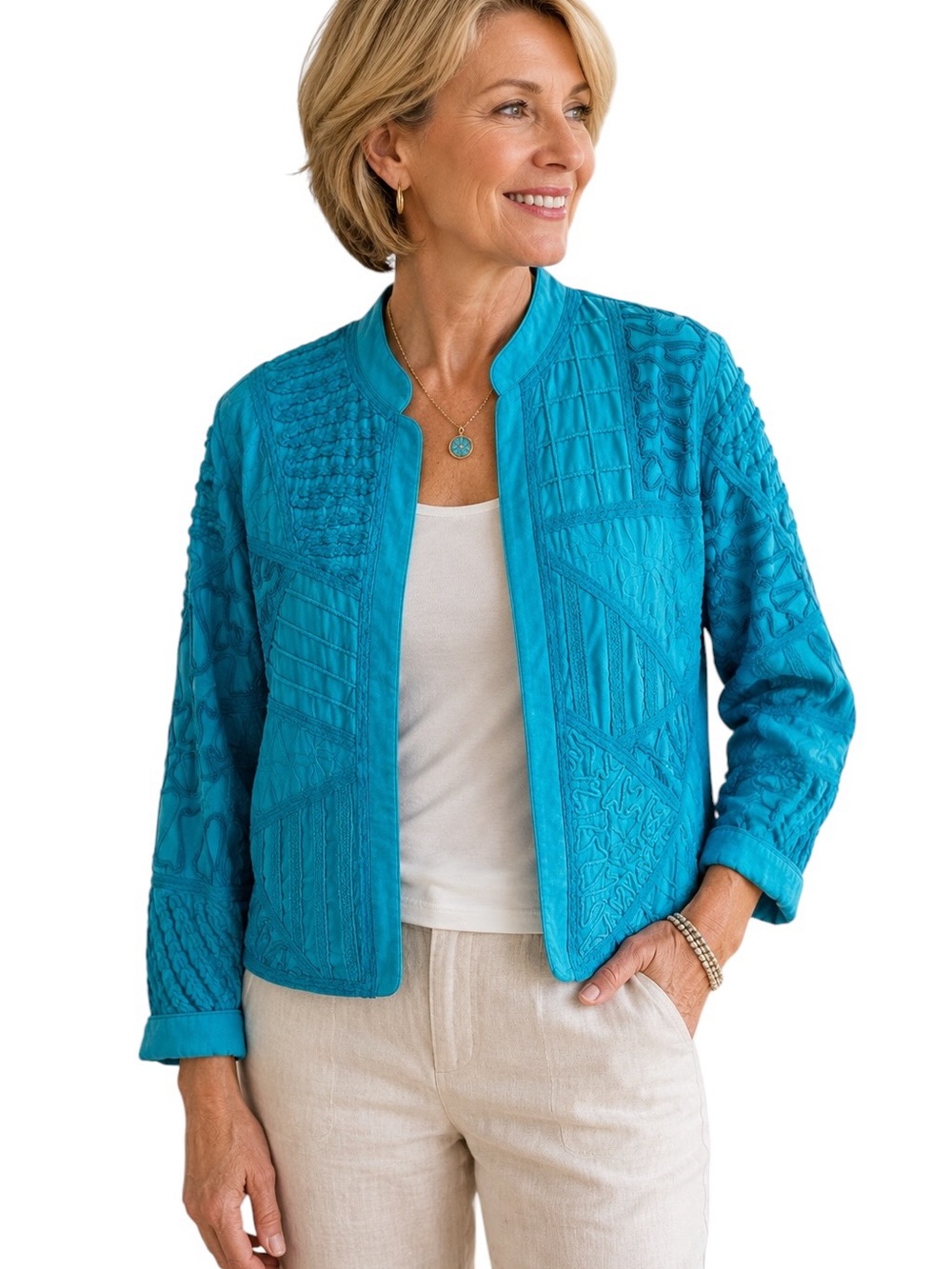 Coldwater Creek Turquoise Open-Front Textured Jacket 100% Cotton Womens Size PXL